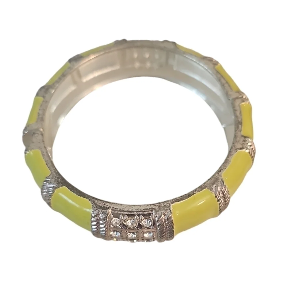 Yellow Enamel Silver Tone Hinged Bracelet, Clear Rhinestones, 1980s